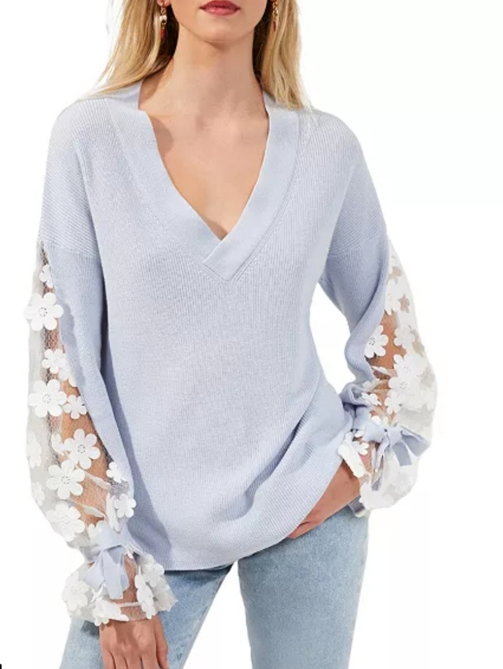 French Connection Light Blue V-Neck Sweater White Floral Sheer Sleeves Size XS